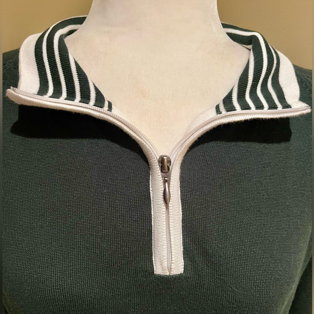 Ladies Maus & Hoffman Rich Green Stripe Collar Quarter Zip Sweater Cream Trim Xl
